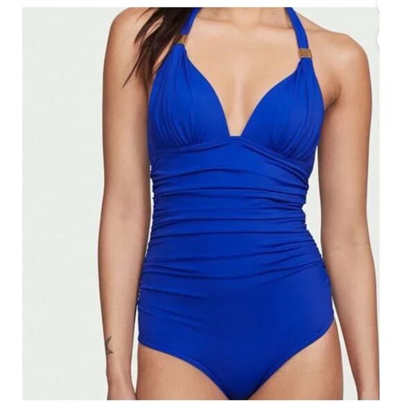 Victoria Secret Forever One Piece Swimsuit Size M Ruched Blue Halter Sexy New - Picture 2 of 8